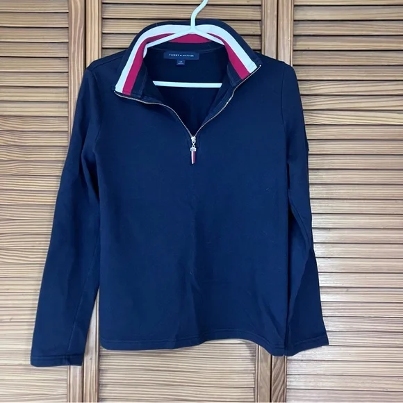 Tommy Hilfiger Navy Blue Quarter-Zip Long Sleeve Shirt Women’s Small Preppy Top - Picture 3 of 8